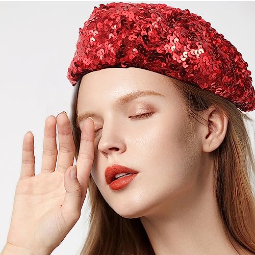 Kesyoo Women Fashion Berets Sparkle Sequins Beanie Hat Red Beret Sequin Hat Costume Accessories For Dance Performance (Red) #TOP2