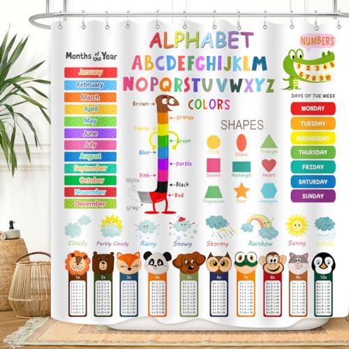 Image of ABC Educational Shower Curtain Kids Learning Tool Funny Cartoon Animals Colors Shapes Weathers Multiplication Table Girls Boys Colorful Decor Waterproof Fabric 72Lx72W Inch with Hooks