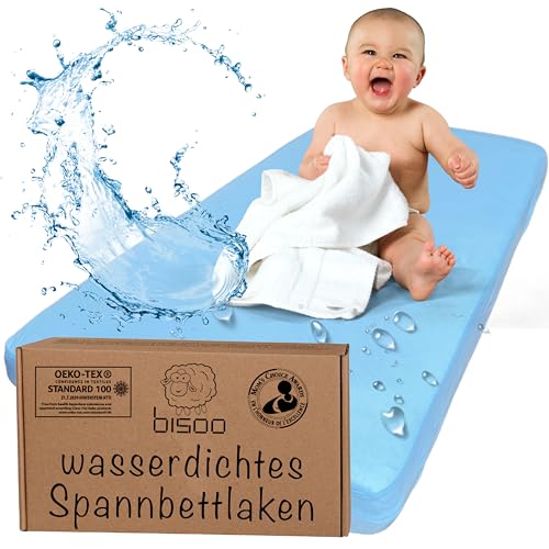 Bisoo 37x80 / 40x80 Spannbettlaken Kinderwagen - 2in1 Baby Wasserfester Matratzenschoner Spannbettlaken aus 100% Baumwolljersey Öko-Tex - Matratzenbezug Kinderwagen 1 Stück Blau 80x40 cm