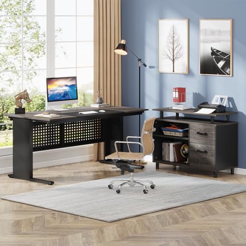 Image of Tribesigns 63 Inch Executive Desk with File Cabinet | Office Desk with File Drawer, L Shaped Desk with Storage Shelf, Large Desk, Business Furniture Set, Gray and Black
