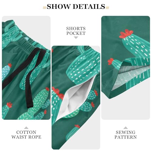 Red Flower Cactus Darkgreen Pajama Shorts for Men Lounge Pants Sleep Bottoms Sleepwear Pajama Pant with Pockets, S-XXL-XXL4
