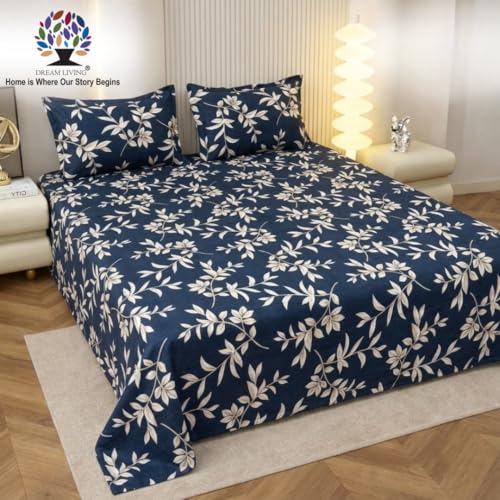 Image of Dream Living Printed Floral Double Bedsheet with 2 Pillow Covers |120 GSM | 220x240 Cm | Blue