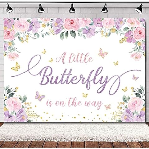 SVBright Butterfly Floral Baby Shower Backdrop 8Wx6H A Little Butterfly is on The Way Pink Purple Flowers Girls Princess Gold Dots Party Decorations Photography Background Banner Photo Booth Studio Cover