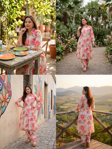 Image of Leriya Fashion Women's Cotton Printed A-Line Kurti Pant Set | Abstract Leaf & Floral Kurta with Trouser Pant | Casual Ethnic Co-ord Set for Women Stylish | Elegant Anarkali Style Tunic Kurta Set