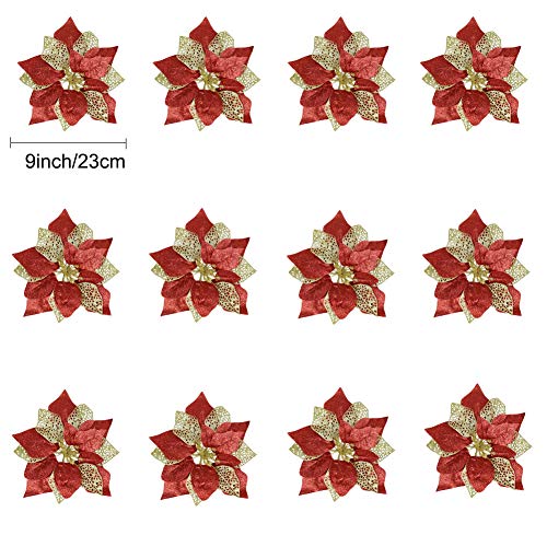 Yosichy Christmas Poinsettia Flowers Large Glitter Artificial Xmas Tree Ornaments Decorations With Stems Pack Of 12(Red Gold) #TOP2