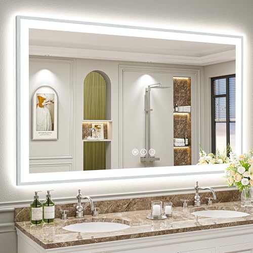 Image of 66x40 Brushed Nickel LED Bathroom Mirror with Lights, Backlit & Front-Lit, Anti-Fog, Framed Lighted Vanity Mirrors for Bathroom Wall, Dimmable, 3 Colors, Memory, Shatter-Proof, Tempered Glass