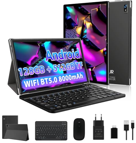 JUEDUR Tablet 10 Pulgadas Android, PC Tableta, 125 GB + 512GB TF, Octa-Core 2.0 GHz, 5G WiFi, BT 5.0, 8000mAh, Face ID, 1280 * 800 Pixels, 5MP+8MP, Tablet con Teclado, Funda - Negro
