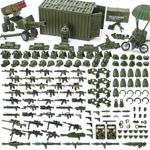 Feleph Militär-Waffen-Set mit Frachtcontainer Armeeausrüstung Rüstung 325 Teile Diverse militärische Zubehörteile als Bausteine-Spielzeug kompatibel mit gängigen Soldaten-Figurenmarken (Grün).