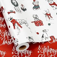 MAYPLUSS Reversible Dog Christmas Wrapping Paper, Christmas Doggy Gift Wrap, Festive Puppy Animals Wrapping Paper for Present Packagings, Dog Lovers, Festive Birthdays (Mini Roll, 17 Inch X 33 Feet)