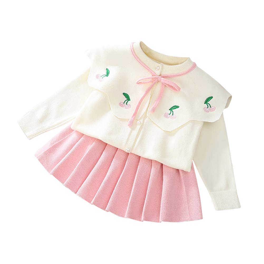 OBEEII Girls Fall Outfits Baby Toddler Long Sleeve Knitted Cherry Sweater Cardigan Ruffled Pleated Skirt Cute Sweater Dress Christmas Wedding Party Gala Celebration Pink Cherry 4-5T