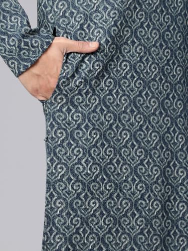 Image of Majestic Man Men's Regular Fit Ethnic Motifs Printed Pure Cotton Long Kurta with Mandarin Collar & Full Sleeves