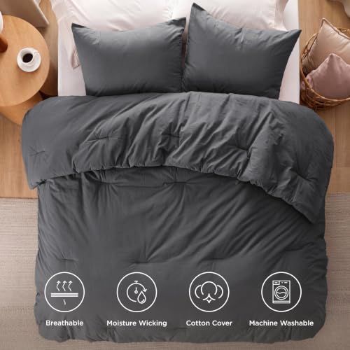 Image of Bedsure PureWoven Cotton Comforter Set Prewashed, King, Charcoal Grey | Cotton Fabric, Microfiber Inner Fill, Soft, Breathable, Natural Wrinkle, 1 Comforter(104 inch X 90 inch), 2 Pillow Shams(20 inchx26 inch)