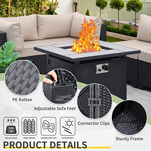 Outdoor Patio Pe Wicker 5 Piece Furniture Set, Black Rattan Sectional Conversation Sofa Chair With Square Propane Fire Pit Table, Khaki Cushion #TOP3