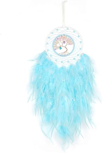 Atrapasueños de árbol de la vida azul cian de ensueño con piedra de cristal curativo hecha a mano, atrapasueños, decoración para colgar en la pared