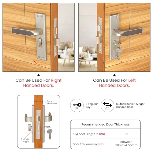 Image of LAPO Strong Door Lock for Daily Use | 45x45mm Lock Body | 60mm Cylinder | Fits 30-50mm Door Thickness | Designed for Left-Right Door Opening | 3 Brass Keys | Matt Finish | 3 Years Warranty | CY-303