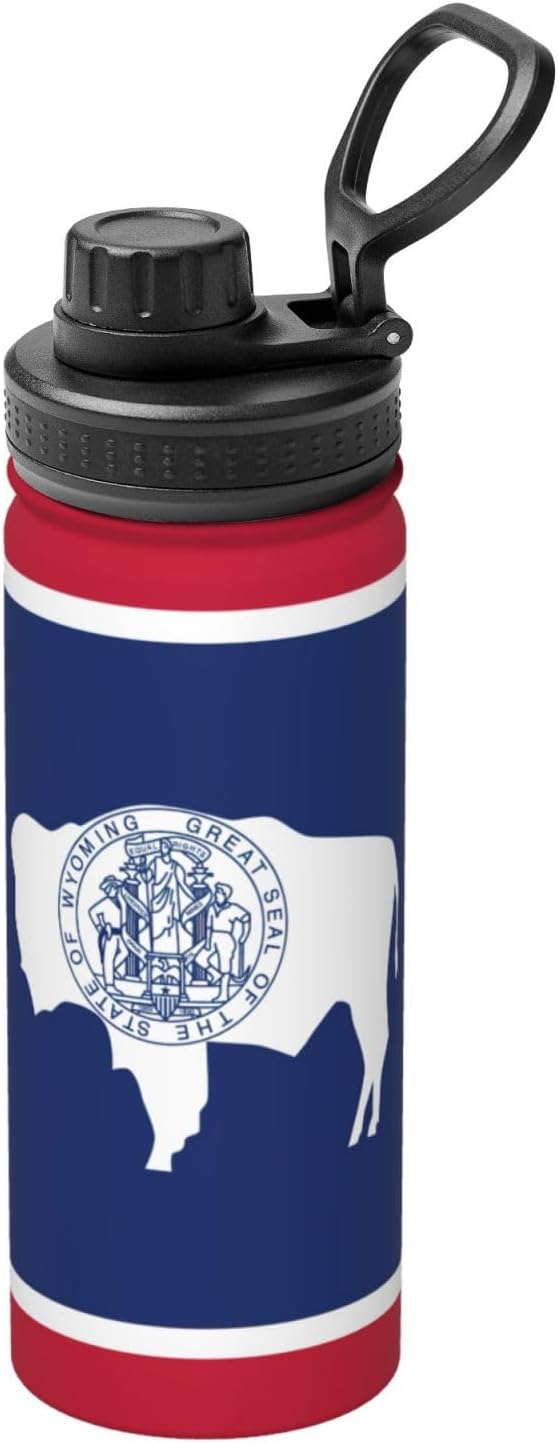Wyoming State Flag Printed Vacuum Insulated Water Bottle, 18OZ Stainless Steel Kettle, Single-Hand Operation Lid