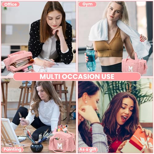 Image of Sherr Large Pencil Pouch Pink Pencil Case Initial Pencil Pouch Preppy Cute Pencil Bag Aesthetic Corduroy Pen Case Capacity Zipper Stationery Bag Gift Ideal for Women(M)