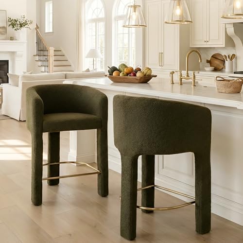 Image of HNY Modern Barrel Bar Stools Set of 2, 26 Inch Upholstered Sherpa Counter Height Bar Stools with Back and Armrests for Kitchen Island, Home Bar, Dining Room, No Assembly, Green