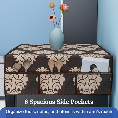 Image of Kuber Industries Cotton Fridge Top Cover | Washable & Anti-Dust Refrigerator Top Cover with 6 Utility Pockets for Kitchen | Floral Design - Brown