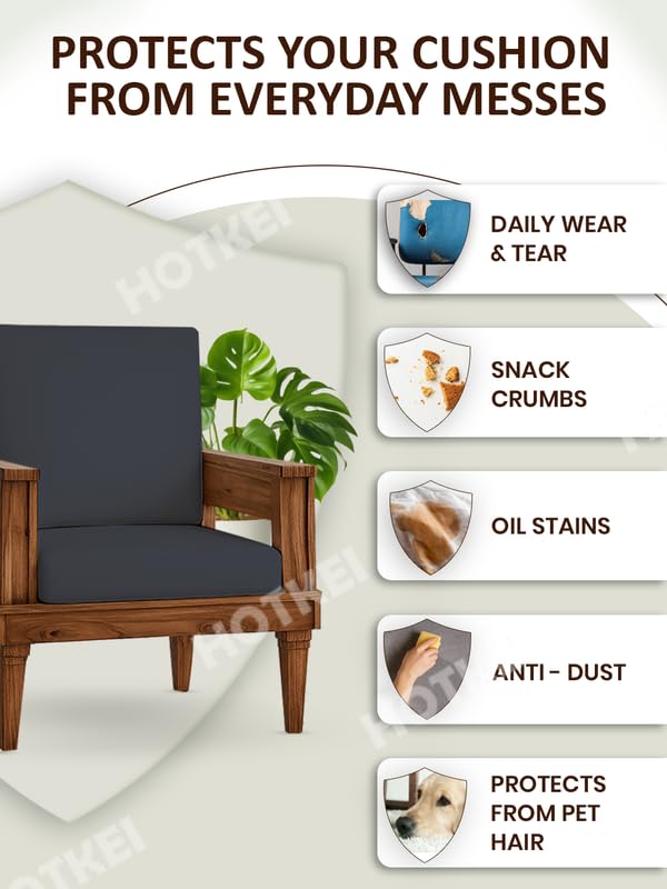 Image of HOTKEI Dark Grey (Pack of 6) 200 GSM Fabric Wooden Sofa Seat Cover Elastic Stretchable Cushion Seat Slip Cover Protector for Wooden Sofa Set 3 Seater Antislip Full Covers for Living Room