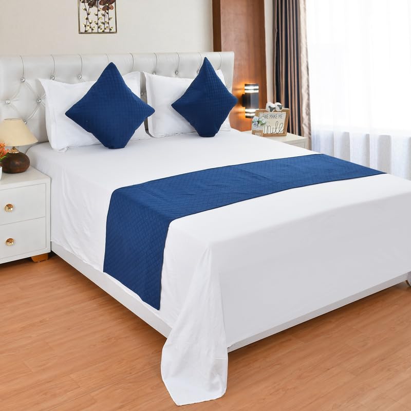 200TC Solid Quilted Velvet Bed Runner Scarf with Matching Cushion Covers/Slipcover Mattress Protector/Bed Linen Scarf/Decorative Set for Bedrooms/Hotel Rooms/Guest Rooms (Navy Blue)