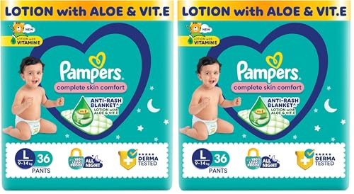Image of Pampers Complete Skin Comfort Pants, Anti-rash blanket, Lotion with Vitamin E & Aloe Vera, Large size baby Diapers, (L) 36 Count,9-14 kg (Pack of 2)