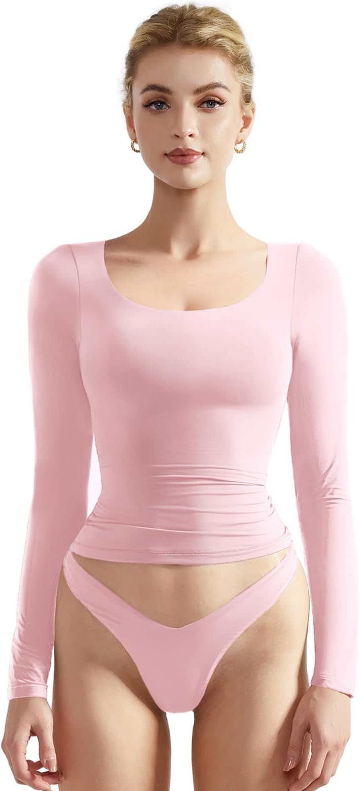 SUUKSESS Women Double Lined Fitted Basic T Shirts Scoop Neck Long Sleeve Crop Top