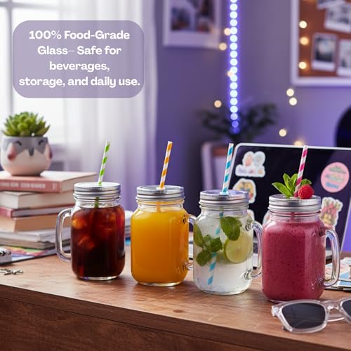 Image of Aesthetic Mason Glass Jars (Pack of 2) with Straw & Multicolour Checked Lid 450 ml - Classy Mug for Juice, Smoothies, Shakes, Coffee & Mocktails |Reusable Glass Jars for Kitchen, Party & Gifting