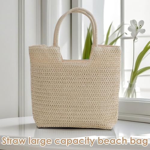 Bolsa de playa grande de paja tejida para mujer miniatura 3