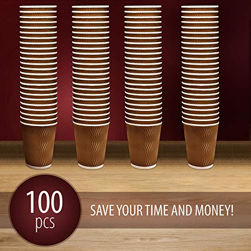 Insulated Disposable Coffee Cups 12 oz, 100 Packs - Paper Cups for Hot Beverage Drinks To Go Tea Coffee Home Office Car Coffee Shop Party (Brown) - Thumbnail 3