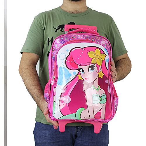 Mochila Escolar Infantil Menina Princesa Sereia Rodinhas (Rosa)