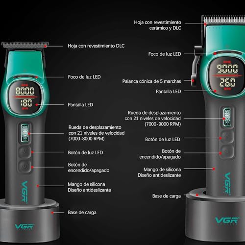 VGR 885 S2 Maquina de Cortar Pelo Hombre Profesional, Set de Maquinilla Cortapelos y Recortador Inalámbrico con Cuchillas de Cerámica, Rodillo 21 Velocidades, 2 Bases Magnéticas, Pantalla LED, Verde - imagen 3