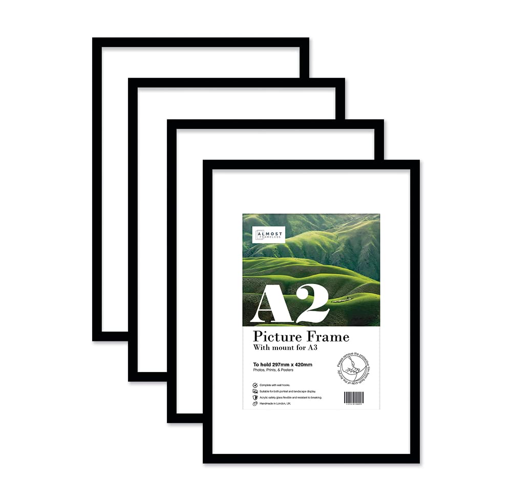 Almost Frameless A2 Black Picture Frame Set of 4, Display A3 Pictures with Mount or A5 Without Mount Gallery Wall, Poster, Photo, Artwork, or Print, Black — image 1