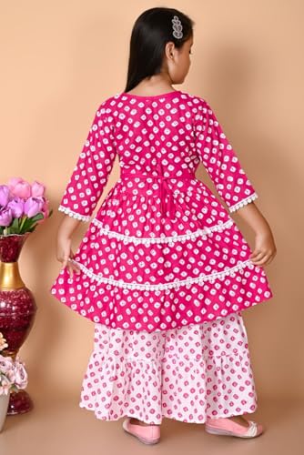 Image of First DREAMGirls Pink Bandhani Printed with Cotton Flower Lace Kurta with Sharara