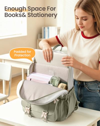 LOVEVOOK School Backpack for Teen Girls, Bookbag for 8-16 Student, Middle High College Back to School Cute Kids Backpack, 15.6 Inch, Green-beige — view 5