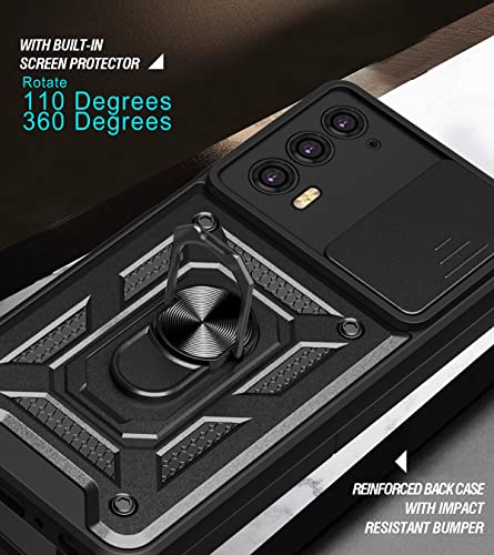 Image of Heavy Duty Back Case Cover for Moto Edge 20 5G, Shockproof Moto Edge 20 Back Cover, Ring Case with Kickstand and Camera Protection Shutter - Black