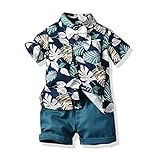 Choomomo Vêtement d\'Été Casual Bébé Enfant Garçon Chemise Boutonné Imprimé Feuille & Short Cpurt en Coton Ensemble Bermuda Chemisette T-Shirt & Noeud 6 Mois-6 Ans Teal 2-3 Ans