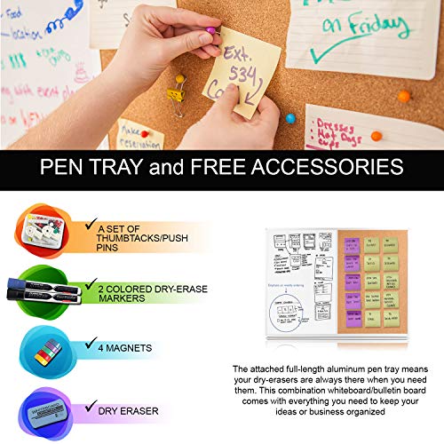 Dry Erase Cork Board Combo Set - 28 x 20 Magnetic White Board and Cork Bulletin Combination Board, Use as Vision, Message Board, Memo Board - 2 Dry Erase Markers, Eraser, Magnets, Push Pins - Thumbnail 3