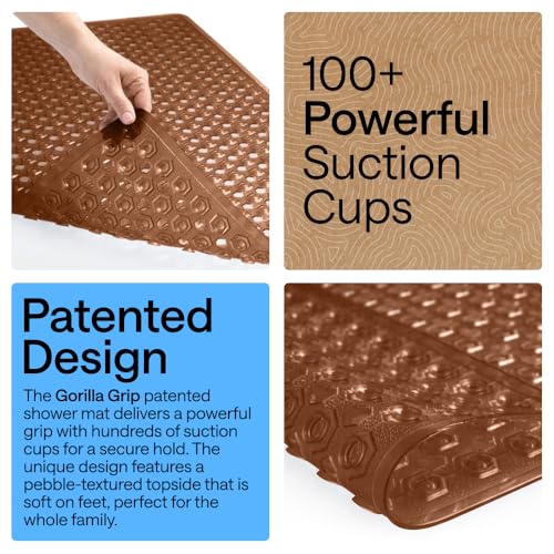 Image of GORILLA GRIP Patented Square Shower Stall Mat, Small Bathtub Floor Mats for Stand Up Showers with Suction Cups and Drainage Holes, Machine Wash, Soft on Feet, Bathroom Accessories 21x21 Inch, Brown