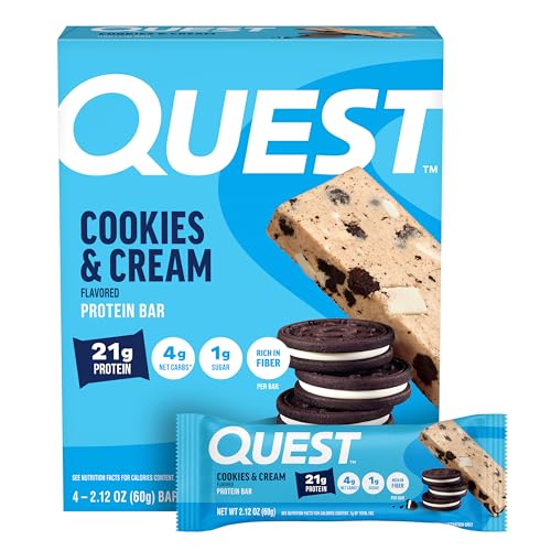 Quest Nutrition Cookies & Cream Protein Bars, 21g Protein, 4g Net Carbs, 1g Sugar, High Fiber, Gluten Free, Keto Friendly, 4 Count