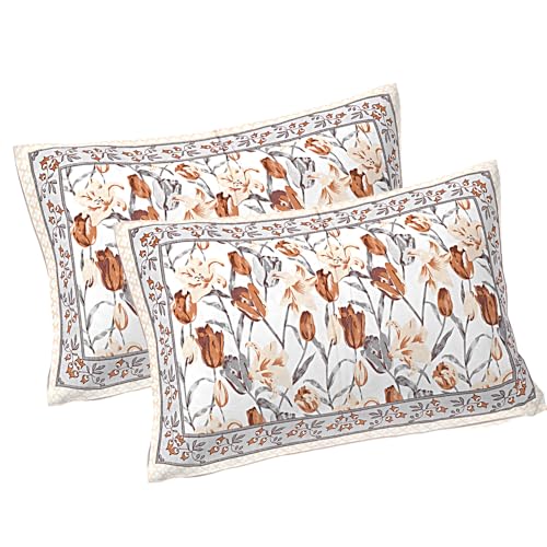 Image of Living Roots Jaipuri Hand Block Print Double Cotton Bedsheet & 2 Pillow Covers, for Mattress Upto 8 inches Thick, No Colour Bleeding, Beige Colour, Super King Size 96 * 104 inches, 150TC (576-A)