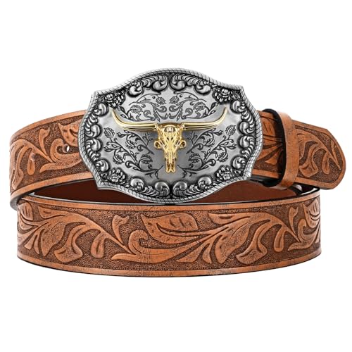 JASGOOD Men Leather Western Belt, Cowboy Cowgirl Country Belt with Longhorn Cow Vintage Engraved Buckle Belt for Jeans,Brown