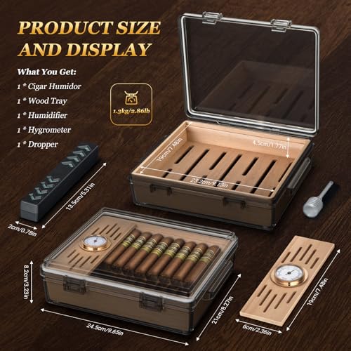Image of Acrylic Cigar Humidor, Clear Cigar Box with Hygrometer, Humidifier and Cedar Wood Tray, Desktop Cigar Case Can Hold About 20-30 Cigars (Grey)