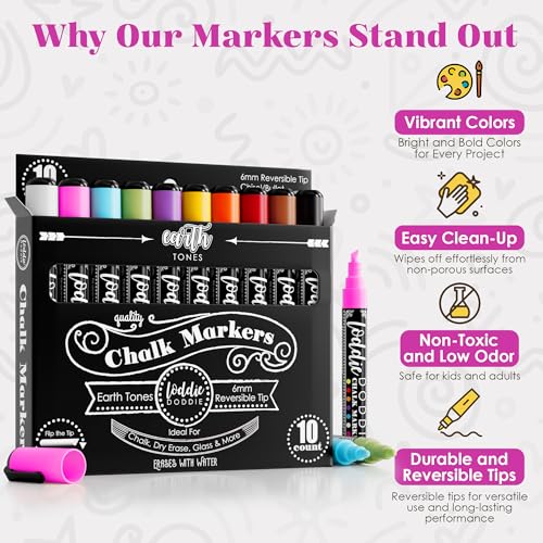 Image of Loddie Doddie Chalk Markers - 10-Pack, Earth Tones, 6mm Tips - Erasable Pens for Blackboard & Glass - Reversible Tips for Fine & Broad Lines - Window Chalk Markers for Cars & Mirrors