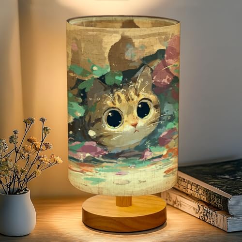 ベッドサイドランプ 間接照明 きらめきとパステルカラーの中で覗くタビー猫のアートワーク テーブルランプ リネン 木製 円柱型 和風 調光 16色 調色 常夜灯 目に優しい 授乳 洋室旅館 寝室 (電球とリモコン付き)
