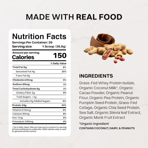 Image of Roasted Peanut Butter Chocolate Protein Powder - 30 -Serving Blend with 100% Grass-Fed Whey & Organic Plant Proteins - Rich Cocoa & Roasted Peanut Flavor - Supports Muscle Recovery & Energy*