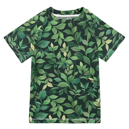 ALAZA Boys Swim Shirts Toddler Rash Guard Short Sleeve Rashguard Green Leaves UPF 50+ 11-12T