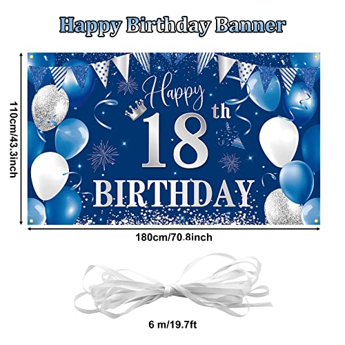 Image of 18th Birthday Banner Backdrop,BTZO Happy 18th Birthday Decorations,Blue Silver Large Fabric Photo Backdrop Background for Boys Girls 18th Birthday Party,70.8 x 43.3Inch