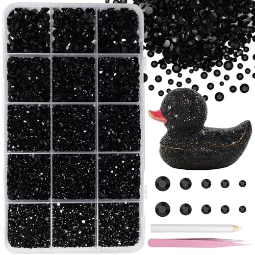Image of 16000 Pcs Black Resin Rhinestones for Crafting, Flatback Black Gems Jelly Rhinestones, Mixed Sizes Bedazzling Crystal with Pickup Tool for DIY Crafts Clothing Tumblers Mugs Shoes Fabric Nail Art