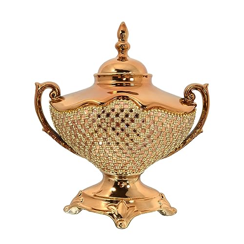 AFD Home Rose Crystal Tureen, Decorative Gold Vase with Lid and Handles, 14.96 Inches x 15.74 Inches